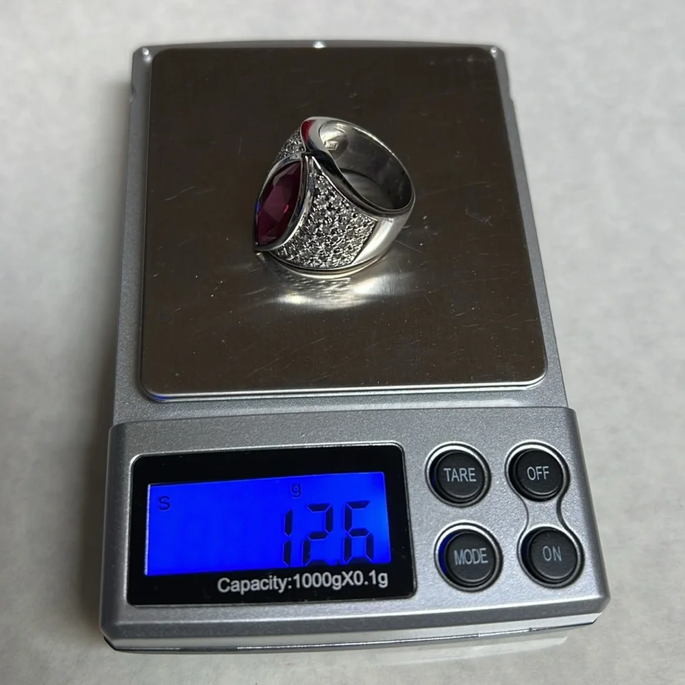 Silver Ring with Dark Pink Stone & Zirconia size 8